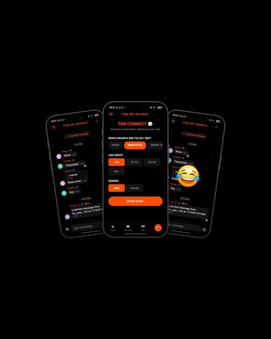 FindMyNganya in-app chat and FanConnect screens